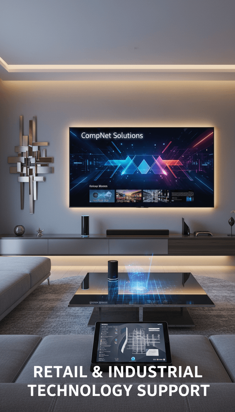 Modern living room with large smart TV displaying streaming platform and devices on table