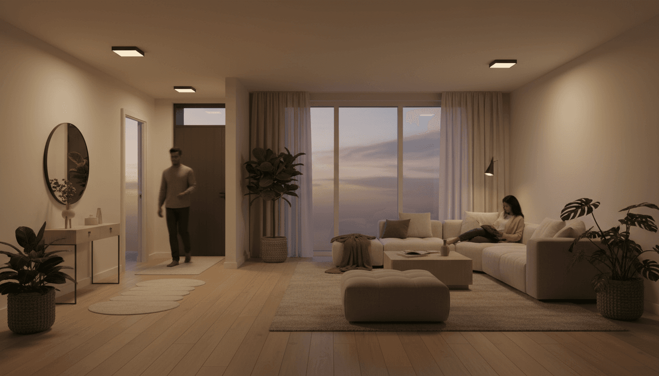 Modern living room with installed motion-sensor LED lights creating warm illumination, family members moving through space at dusk