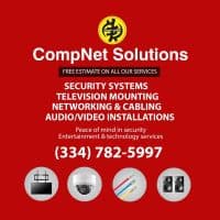 CompNet Solutions advertisement for security, TV mounting, networking, and audio/video services. Call 334-782-5997.