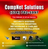 CompNet Solutions advertisement for security systems, television mounting, networking, and audio/video installation services.